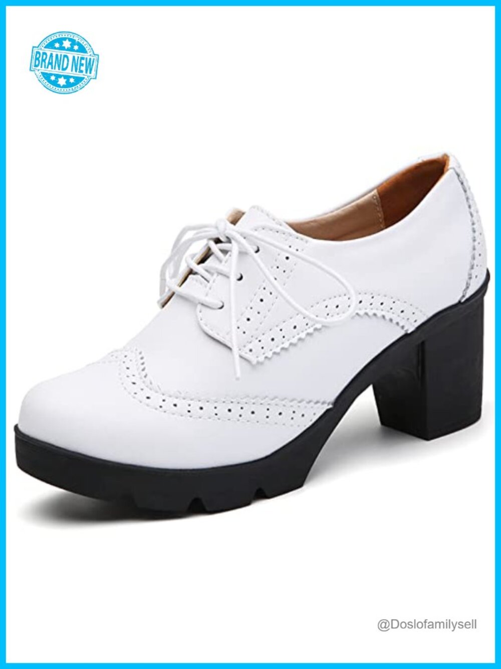 Leather Lace Up Platform Chunky Mid Heel Round Toe Oxford Dress Pump